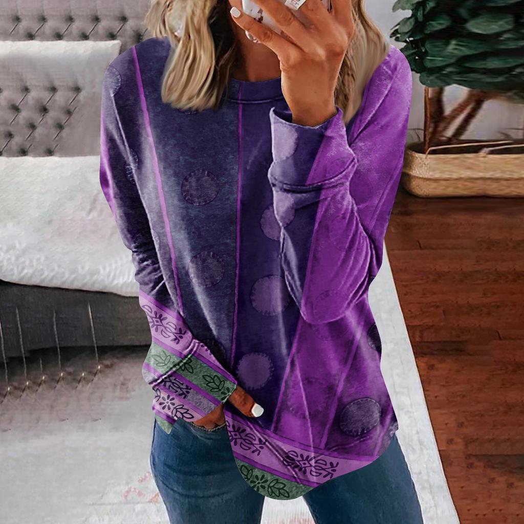 Women's Round Neck Tops Cotton Women's Casual Fashion Nationality Print Long Sleeve O-Neck Pullover Top Blouse