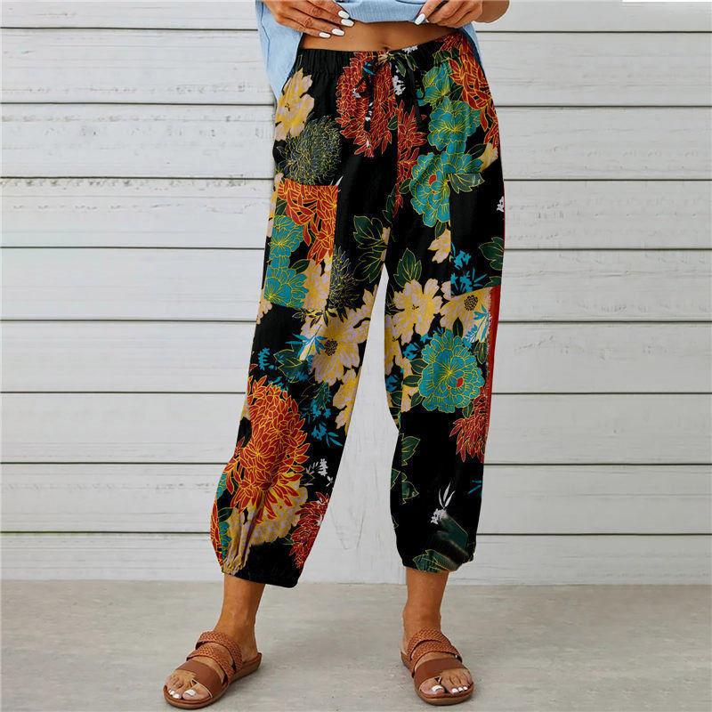 Women s Boho Print Harem Pants Elastic Waist Drawstring Casual Trousers S