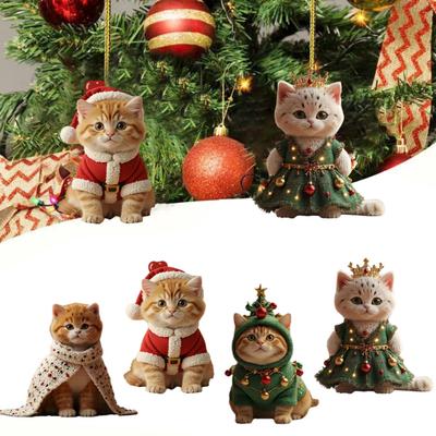 4 Stück Niedliche Katze Weihnachtsschmuck 2D Flach Acryl Auto Rückspiegel Anhänger Cartoon Katze Weihnachtsbaumschmuck