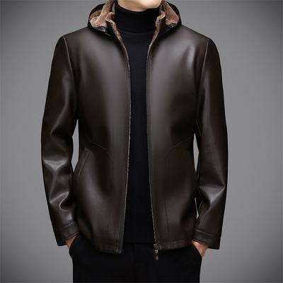 Neue Kapuzen-Lederjacke für Herren Winter Plus Samt Verdickt Mittelalterlicher Papa Business Casual Lederjacke