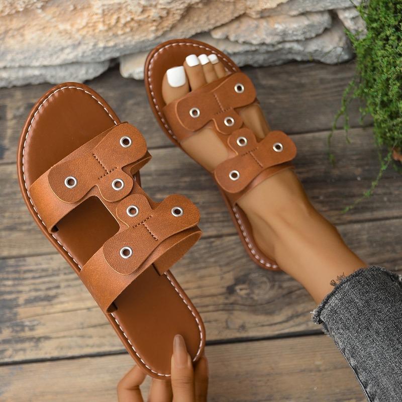 Large size lightweight open-toed flat-bottomed slippers women wear one-word retro beach cool slippers slippers