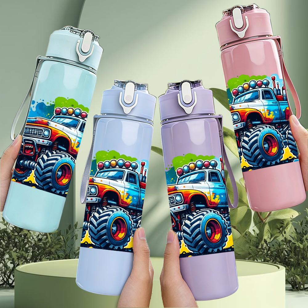 1PC Color Splash Monster Truck Print 750ml Color Plastic Sports Water Bottle Leakproof Flip Straw Lid Suitable for Sports Office Home Use