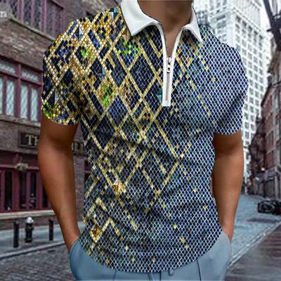 Casual T-shirt met revers Mode voor jonge mannen T-shirt met rits Korte mouwen T-shirt Heren 3D Gouden rasterprint T-shirt