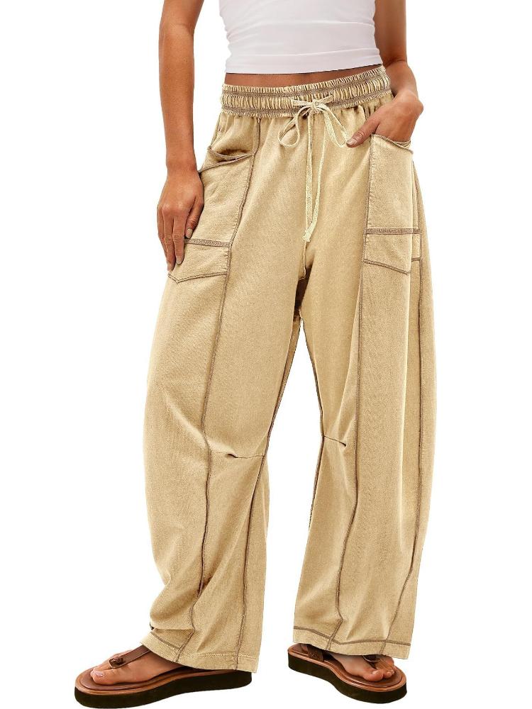 

Женские бежевые брюки широкого кроя с кулиской на талии и боковыми карманами XS хаки