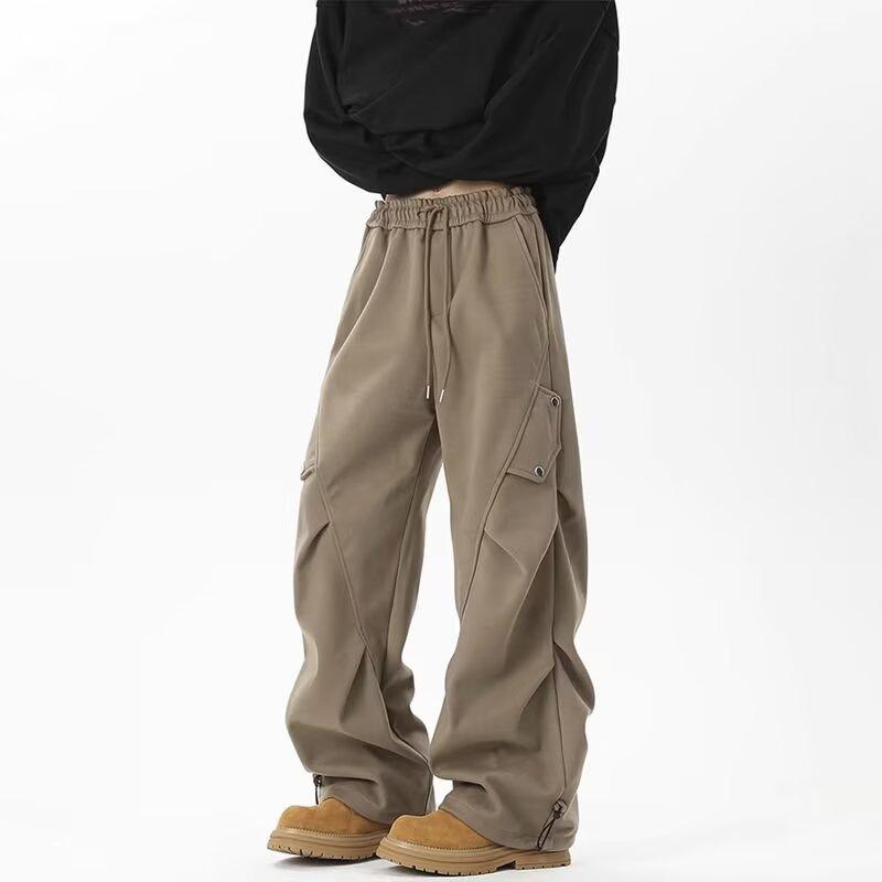 American heavy pleated corduroy overalls men's autumn and winter design sense straight wide-leg pants fleece casual pants