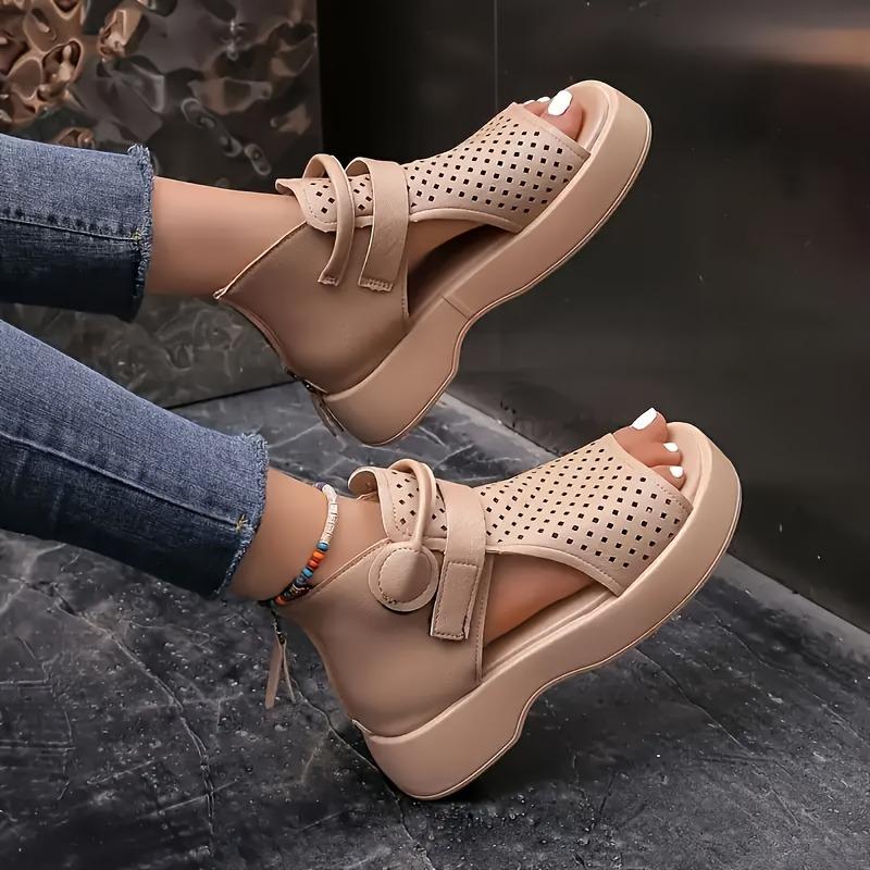 Women's Fashionable Versatile Fishbone Cutout Design Chunky Sole Breathable Roman Sandals