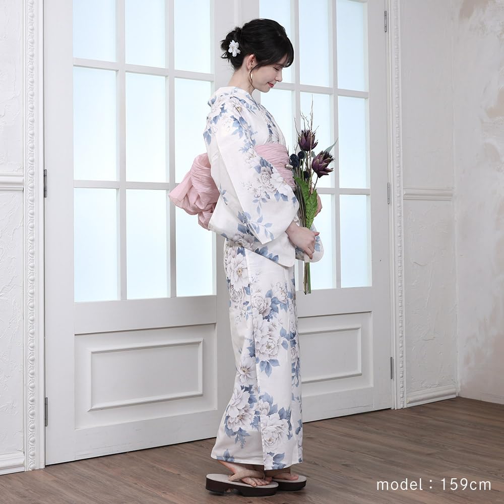 Kyoto Kimono Yuzen Women's Yukata and Obi Set, 2-Piece Floral Summer Kimono (Ivory with Peony)