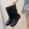 Stacked Short Boots Women's Spring and Autumn New Fashion Boots Pleated Cowboy Boots Flat Bottom Belt Buckle Retro Bow Boots