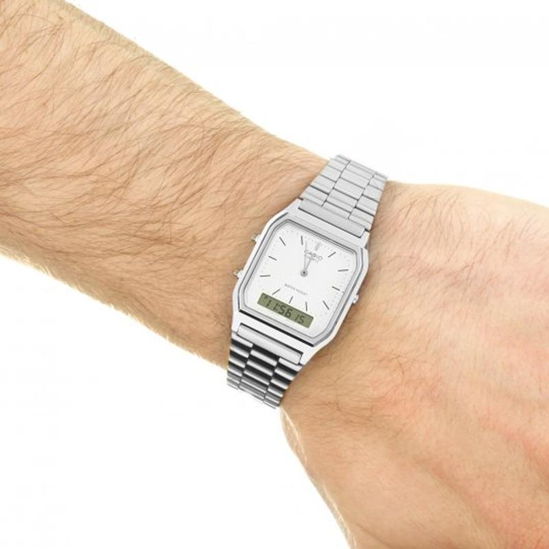 Casio YOUTH Series-Square Plate Double Display Retro Small Square Steel Belt Waterproof Shi Ying Movement Stainless Steel Strap AQ-230A-7DMQYES