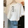 Fat Sister 100.00kg Plus size Retro Embroidered Cat Cool Feeling Lightweight Snowflake Cotton Short sleeve Women Summer Overfit t-shirt Top