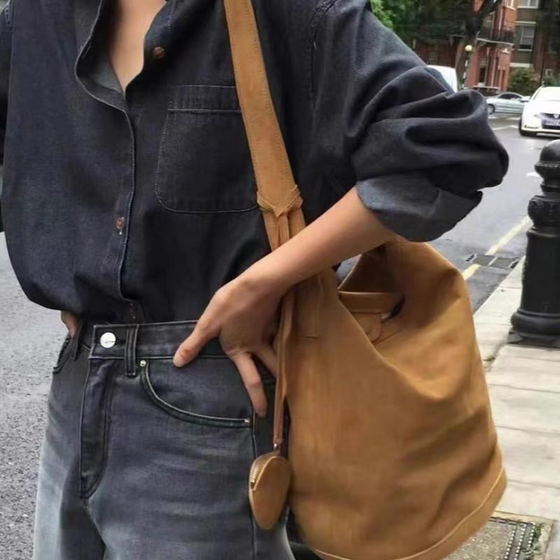 Soft Suede Bucket Bag Women Men - Casual Unisex Shoulder Handbag With Stitched Detail Large Size Yellow Brown