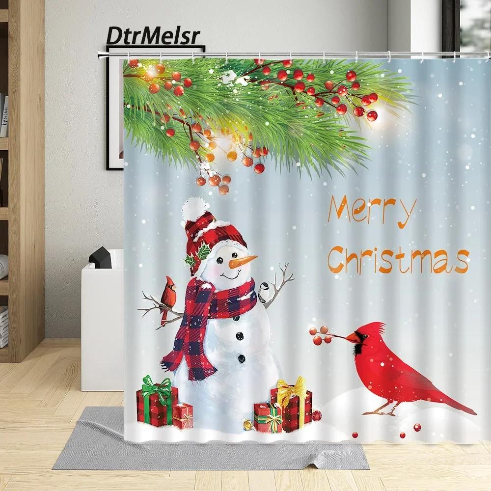 

Рождественские шторки для душа Смешной снеговик Зеленая сосновая ветка Красный рождественский шар Винтажная серая деревянная доска Новогодний тканевый декор для ванной 90x180cm-35x70in