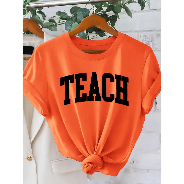 Women's Simple College-Style Printed Short Sleeve Shirt TEACH Letter Print Crew Neck T Shirt Elegant Party Holiday Casual Loose-fitting Top 2026