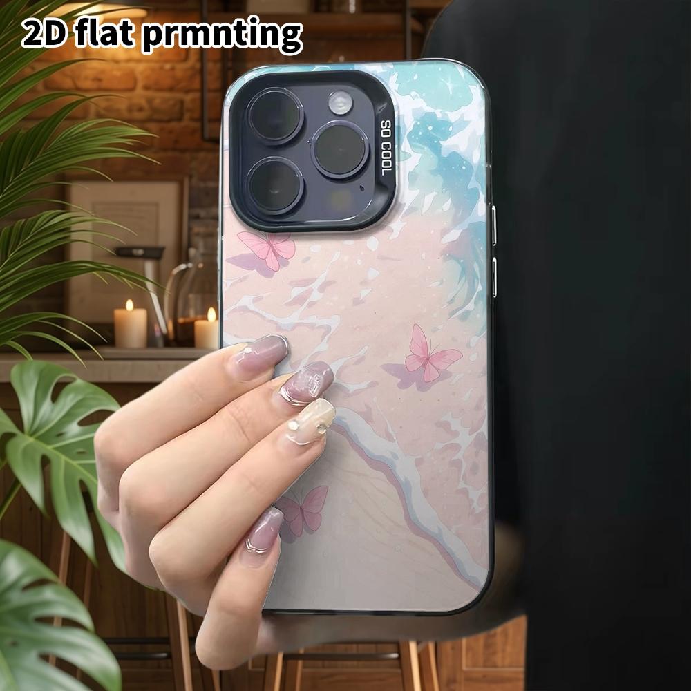 Phone Case: 2D Flat Design, Fits iPhone 18, 17, 16, 15, 14, 13 Pro, Color Silver Protective Case, Couple Style, Seaside Pink Butterfly, Christmas and