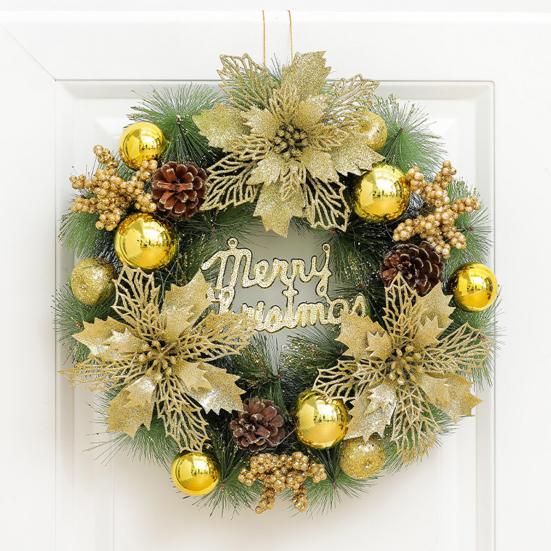 Christmas Wreath for Front Door Artificial Pine Needle Wreath with Balls Bows Flowers Merry