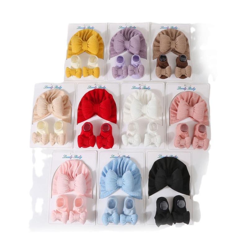 Newborn Knitted Cotton-filled Big Bow + Knitted Socks Set Baby Hat Headscarf Hat Wind