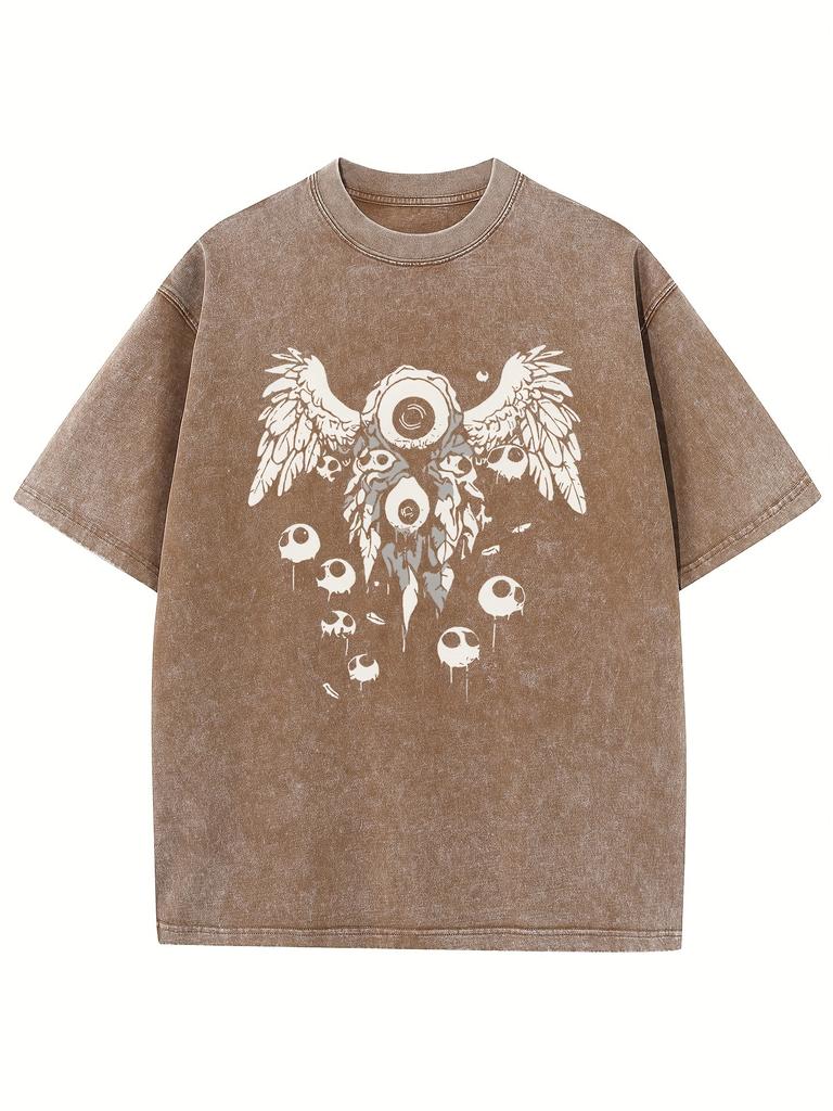 Retro Washed Pattern Highquality Cotton Mens Tshirt  Loose Fit Short Sleeved Round Neck Top