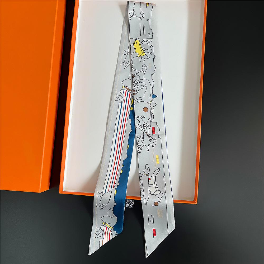 

New Korean Animal Puppy Pattern Twill Silk Scarf Lady Neck Tie Handbag Decorative Ribbon Wrap Accessory Hand Bags for Women 90x5cm