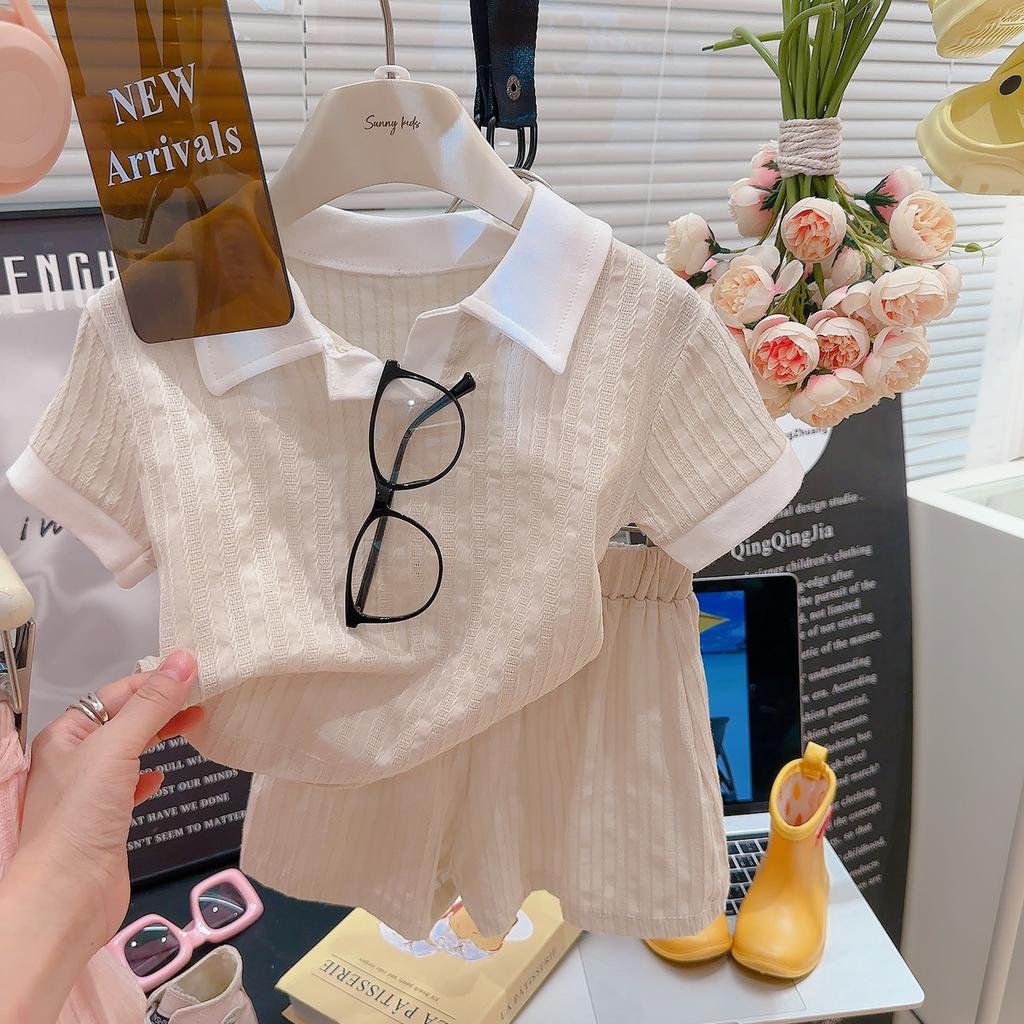 Girls Summer Cotton Polo Neck Short Sleeve Shorts Set Cute Small V Collar Knitted Jacquard Two Piece Outfit For Kids