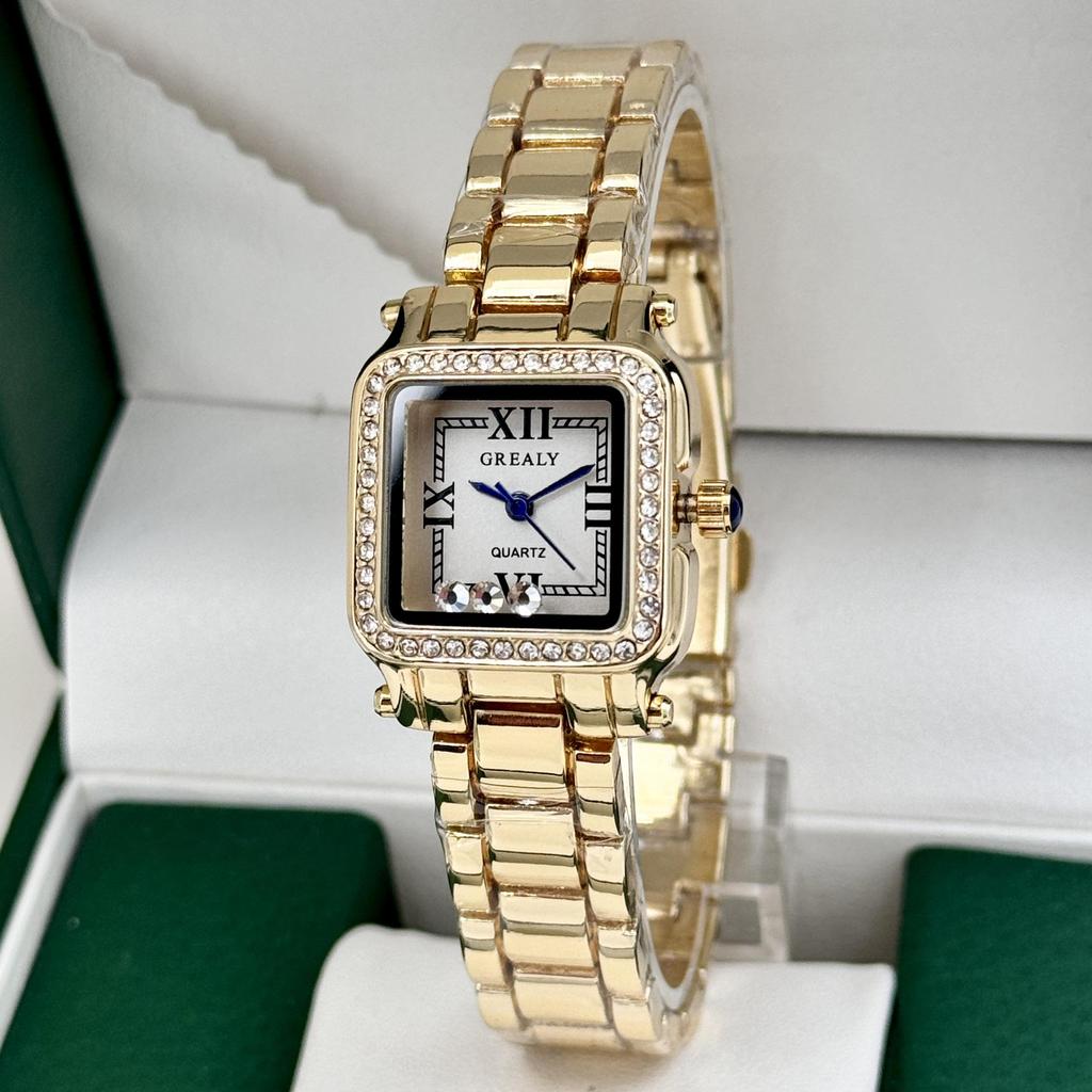 Relógio Feminino de Luxo GREELY Retangular Retro com Pedras Quadradas à Prova d'Água