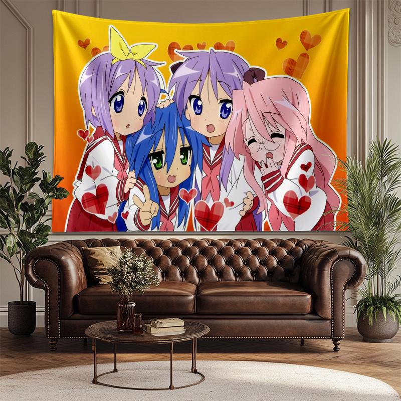 Lucky Star Anime Tapestry, Cute Girls Group Wall Hanging, Aesthetic Room Decor for Bedroom
