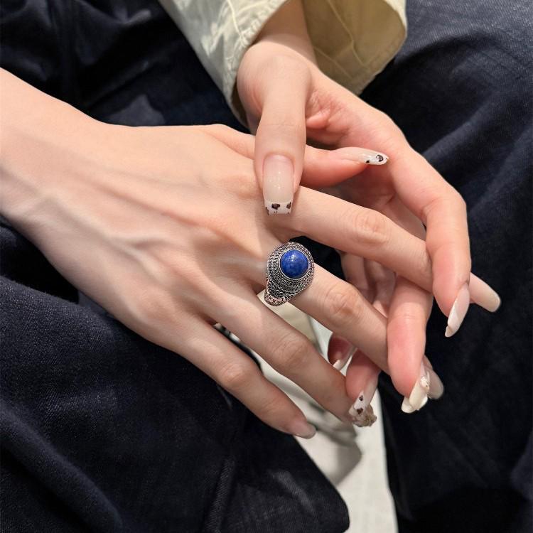 Stylish S925 Sterling Silver Lapis Lazuli Open Ring - Women's Retro, Versatile Punk Design