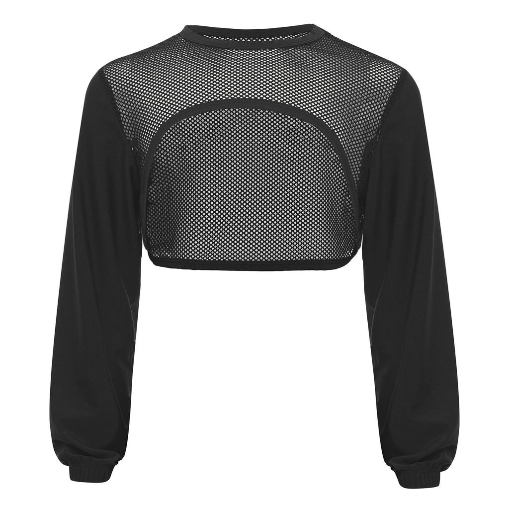 Girls Hip Hop Mesh Crop Top Long Sleeve Hollow Out Patchwork Asymmetrical Hem Dance Streetwear Top