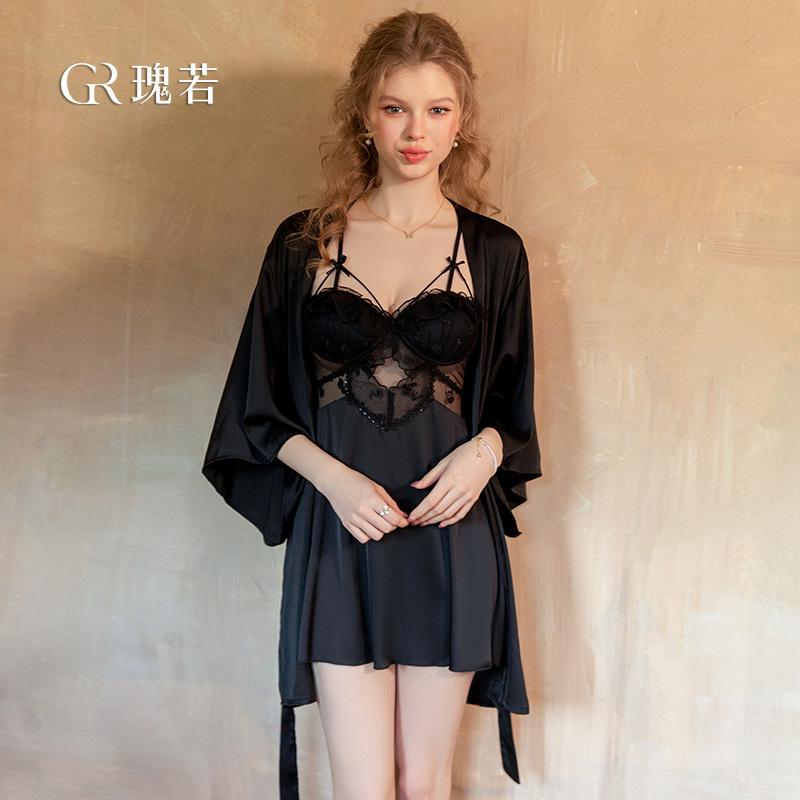 Women's Lace Scalloped Trim Padded Low Cut Backless Cami Sleep Dress with Robe Lounge Set