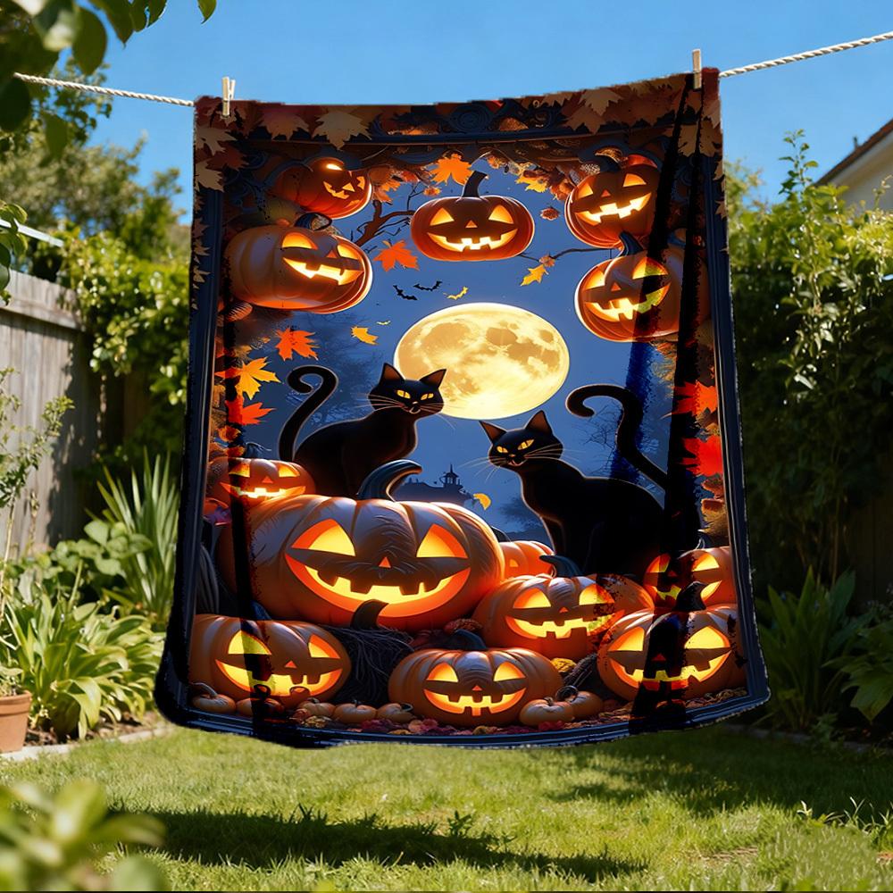 1pc Pumpkins Black Cats Throw Blanket Polyester Fiber, Lightweight Flannel, Soft & Warm, All Season Use for Outdoor, Camping Digital Print