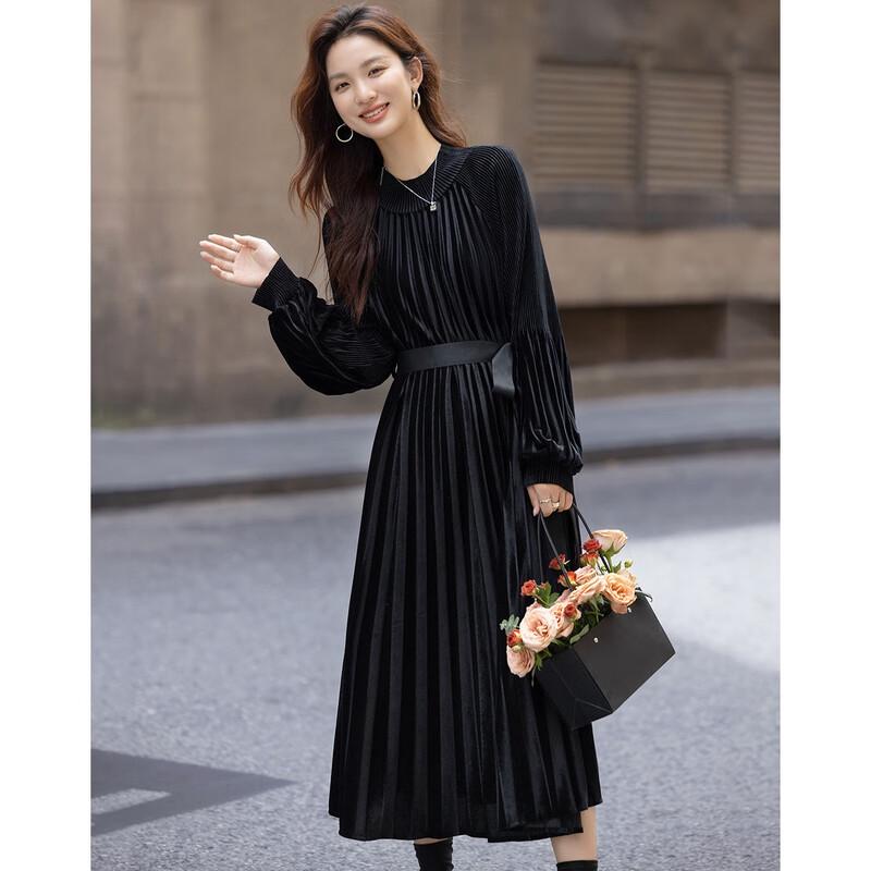 Demana Women's Winter Velvet Pleated A-Line Dress