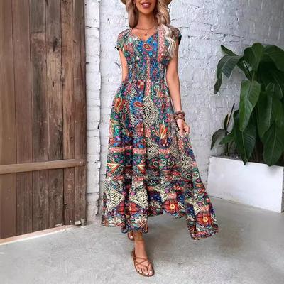 Women Summer Short Sleeve V Neck Retro Printed Holiday Beach One Piece Dress