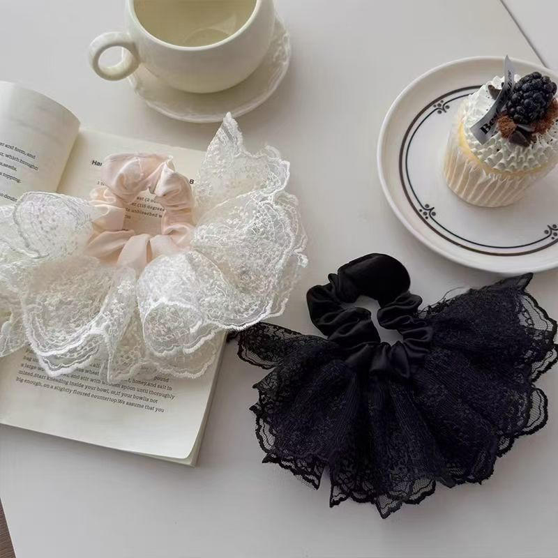 Sweet Double Layered Lace Flower Hair Scrunchies For Women Long Ribbon Bow Tie Girls Big Ruffles Bands Accessorie