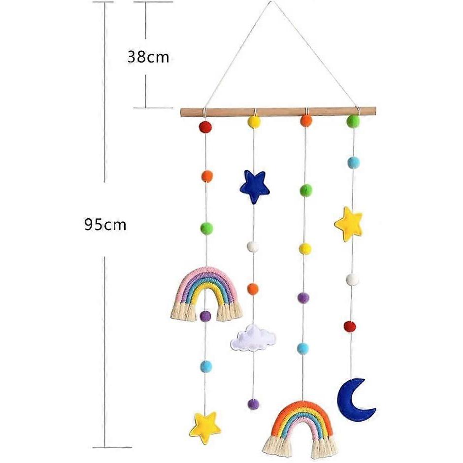 Macrame Rainbow Wall Hanging for Nursery Room,Rainbow Hanging Photo Display with Pom Pom Ball ,Wood