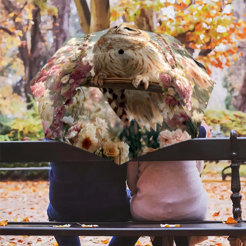 Owl and Flower pattern, automatic folding umbrella, portable and foldable design, 8 ribs, a Christmas or birthday gift.