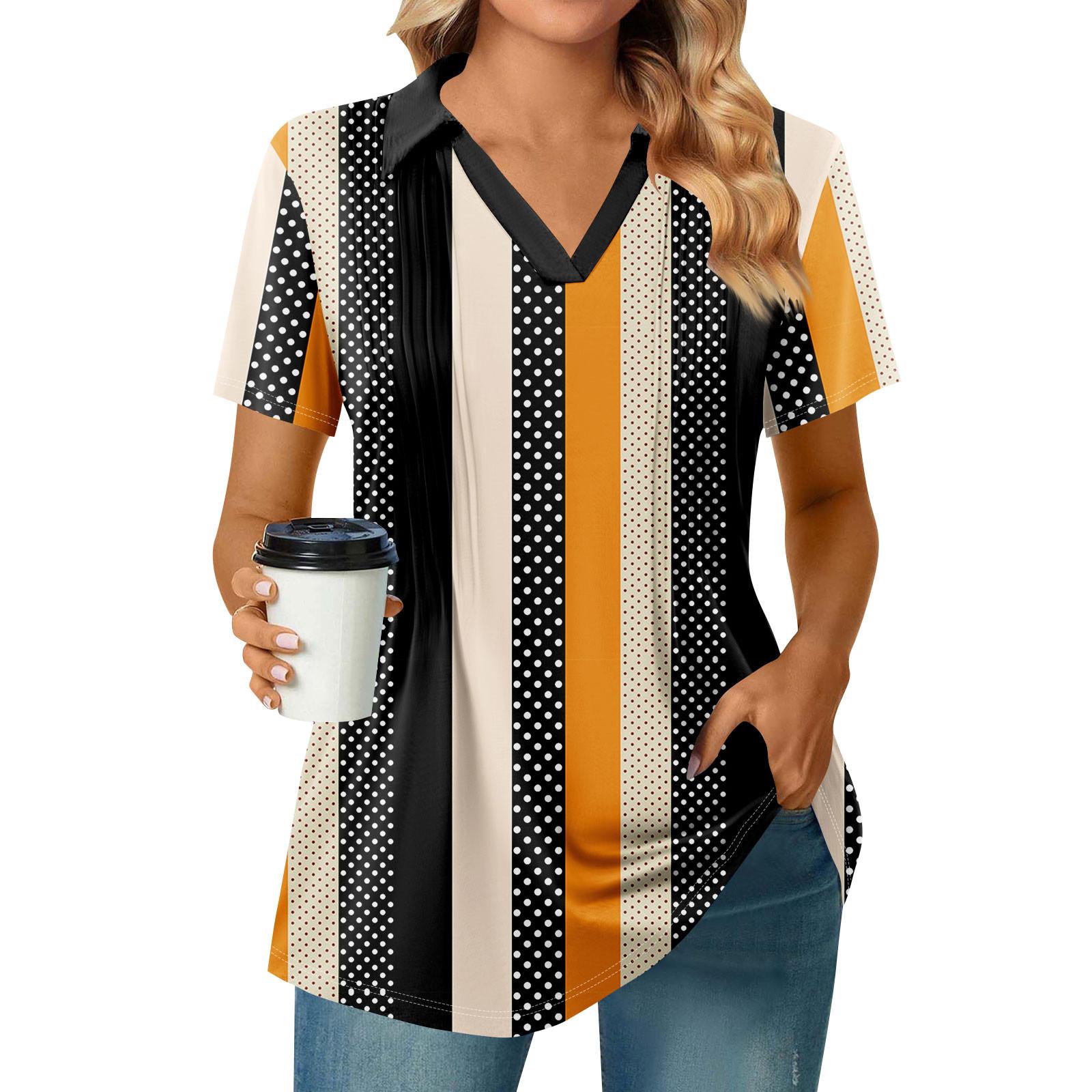 

Женские футболки с коротким рукавом, плиссированные, с V-образным вырезом, с принтом, с воротником, летние топы, модные, деловые, повседневные, рабочие L оранжевый