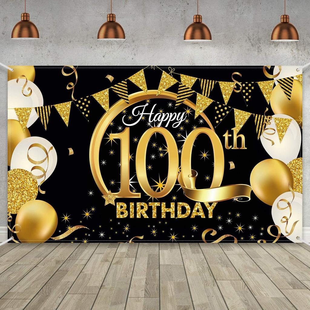 Birthday Party Decoration Extra Large Fabric Black Gold Sign Poster for Anniversary Photo Booth Backdrop Background Banner, Birthday Party Supplies,