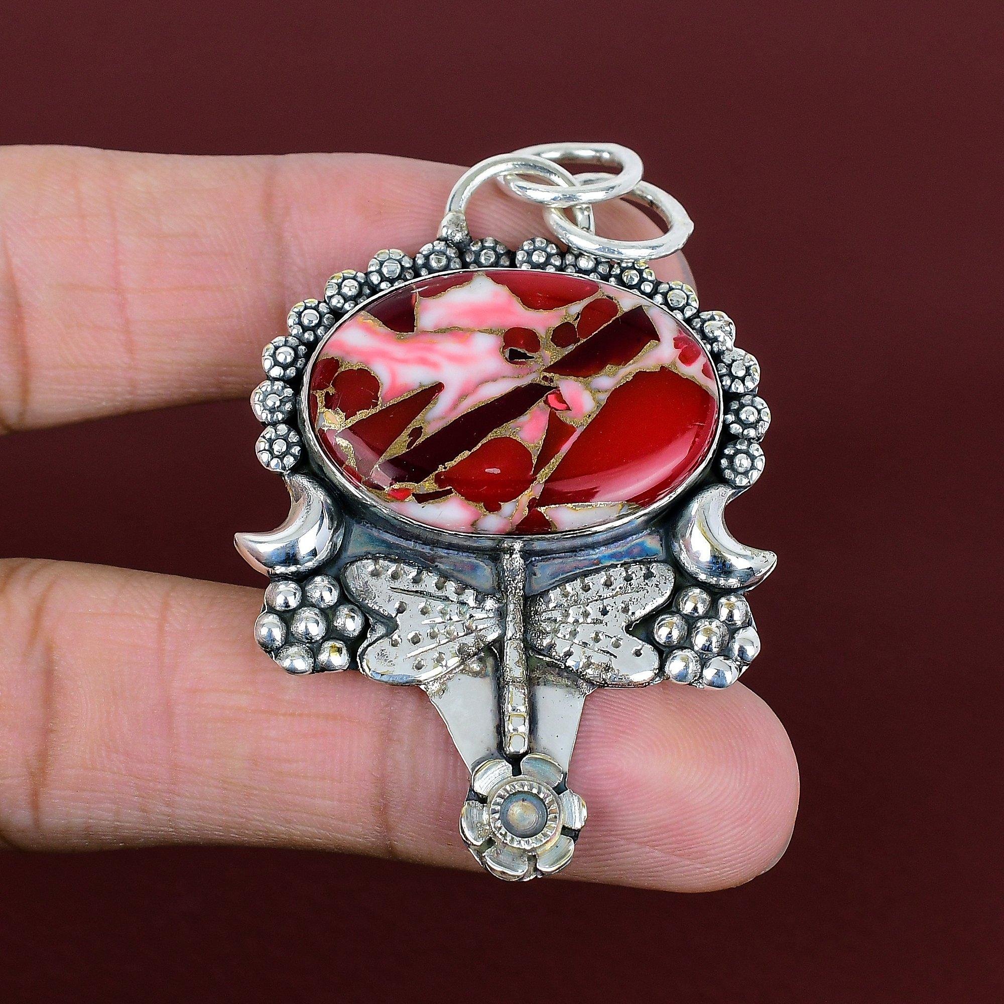 Kingman red mohave copper turquoise gemstone pendant dragonfly pendant 925 sterling silver pendant handmade antique jewelry gifts for mother