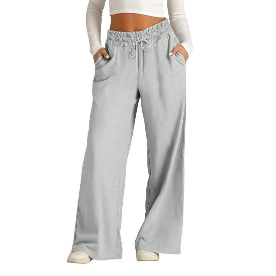 

Women Pants Elastic Waist Adjustable Drawstring Straight Wide Leg Trousers with Pockets Pure S светло-серый