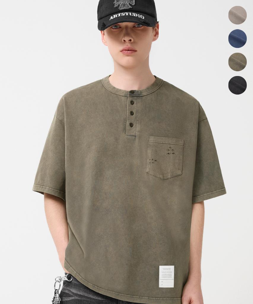 TRILLION Vintage Work Patch Pigment Henley Neck Short Sleeve_4Color