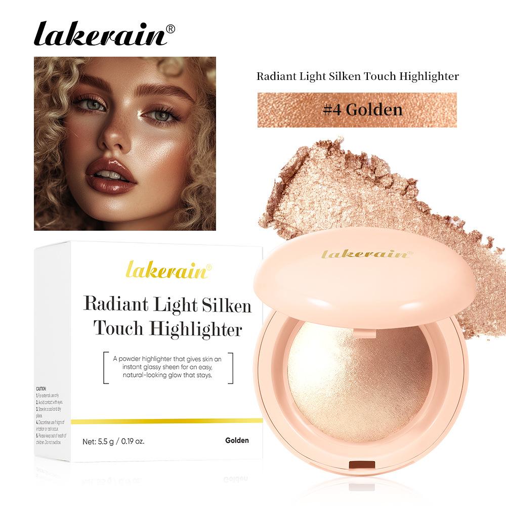 Radiant Light Silken Touch Highlighter, Baked Powder Luminous Glow Highlighter Makeup Palette with Mirror, 4 Buildable Shimmer Shades, Glass Skin