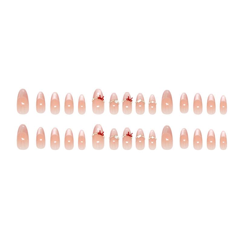 Blush Cat Eye Milkshake Gradual Change Flash Diamond Girl Bow Removable Manicure 30 Pieces
