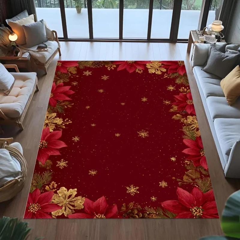 Christmas Rug, Red Poinsettia Rugs, Holiday Floral Mat, Festive Gold Snowflake Rug, Xmas Border Rug, Elegant Christmas Decor Rug
