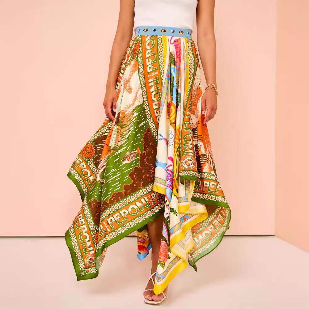 2024 New Cross-border European and American Express Independent Station Casual Fashion Versatile Irregular Skirt Printed Skirt S