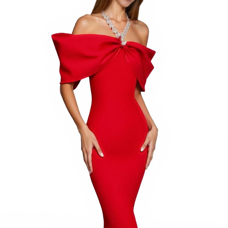 Women s Rhinestone One-Shoulder Halter Neck Bodycon Party Dress Large красный