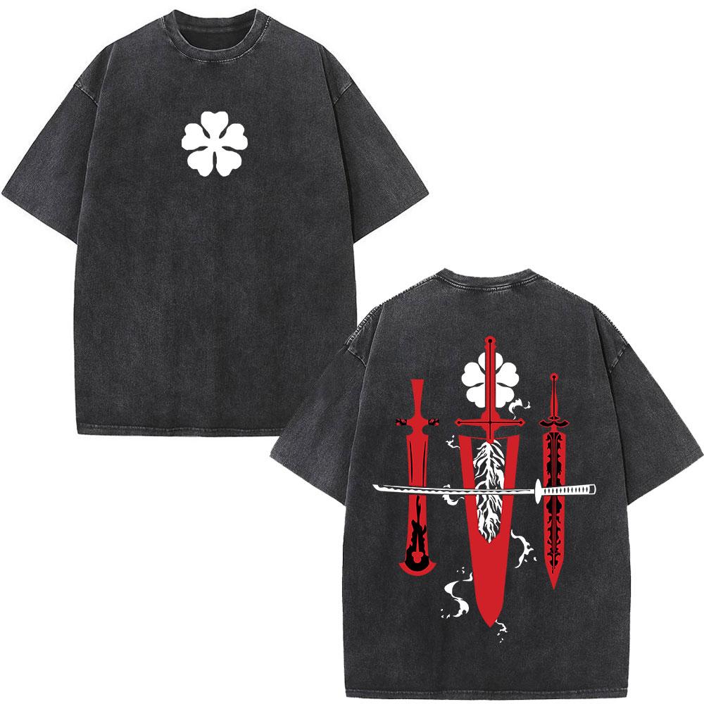 Washed Anime Black Clover Logo Graphic Print T-shirt Harajuku Summer Fashion Casual Cotton Oversized T-shirts Tops Streetwear