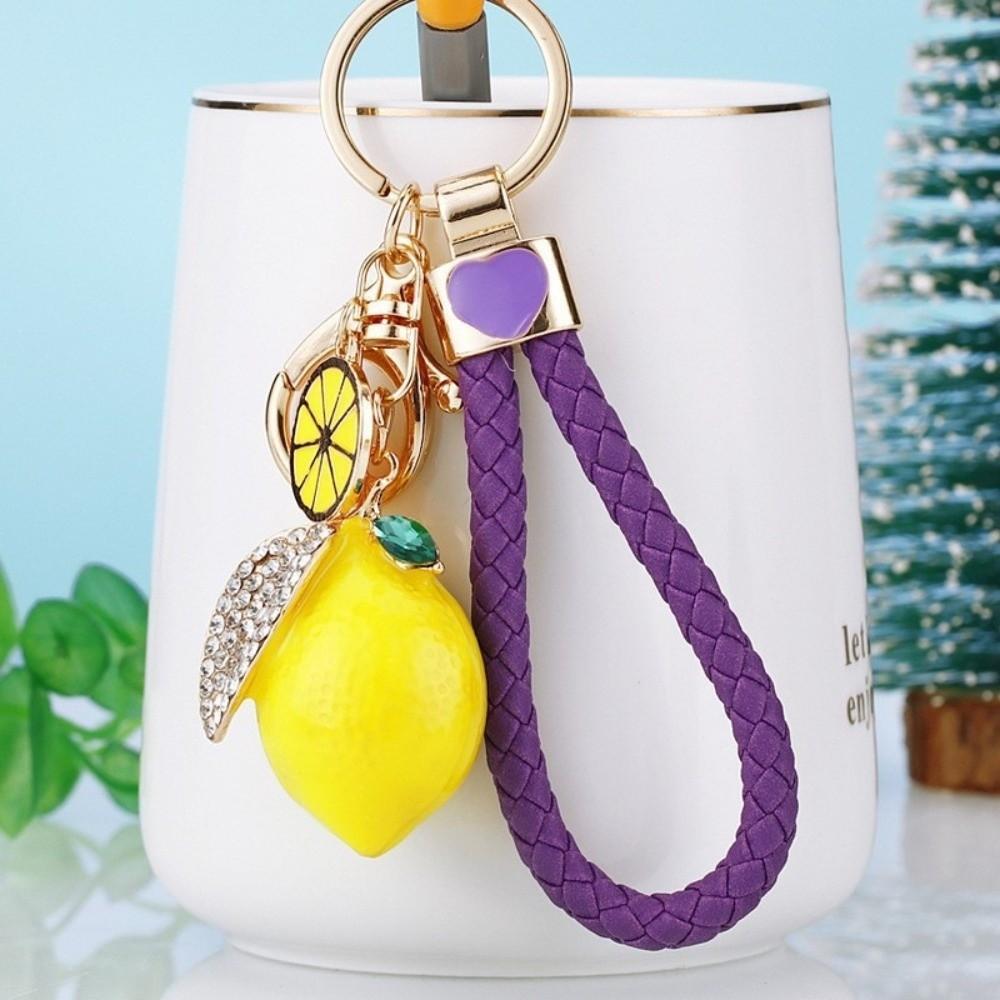 Rhinestone Leaf Charm Bag Pendant Creative Fruit Shape Key Ring Cute Lemon Keychain Gift