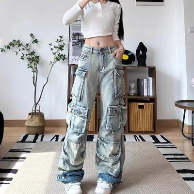 Women Blue Multi-pocket Cargo Jeans Women Wide Leg Jeans
