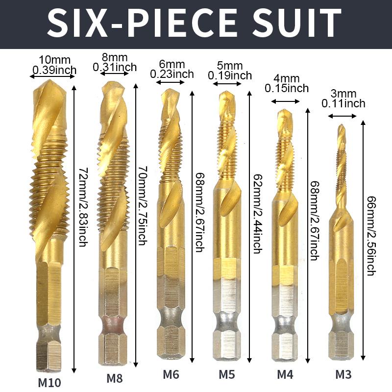 

Набор сверл-метчиков из титанового сплава с шестигранным хвостовиком, Метрическая резьба M3-M10 Самонарезающий инструмент Хвостовик Три в одном наборе