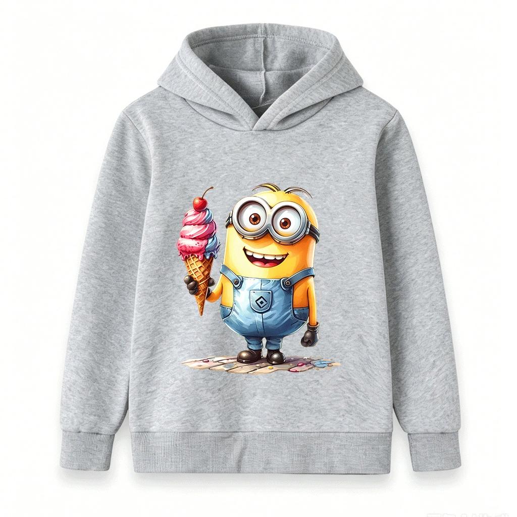 Kids Boys Girls Crew Neck Short Sleeve 100% Cotton T-Shirt, Cute Yellow Cartoon Character Hold Ice Cream Print Casual Soft Breathable Summer Tee Tops