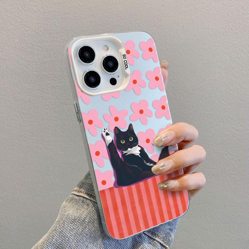 Pink Flower And Black Cats Laser Phone Case for iPhone 15 14 Pro Max Plus 17 16 Pro Max 13 Mini 12 11 Pro Max Shockproof Covers